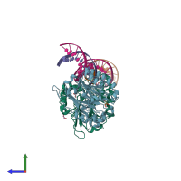 PDB entry 6p94 coloured by chain, side view.