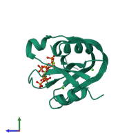 PDB entry 6pck coloured by chain, side view.