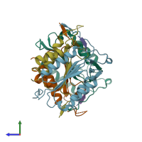 PDB entry 6pdq coloured by chain, side view.