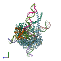 PDB entry 6pe2 coloured by chain, side view.