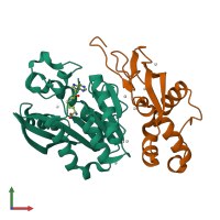 PDB entry 6ped coloured by chain, front view.
