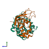 PDB entry 6ped coloured by chain, side view.