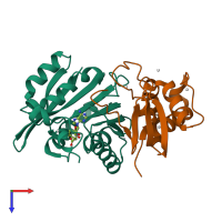 PDB entry 6ped coloured by chain, top view.