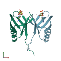 PDB entry 6pfl coloured by chain, front view.