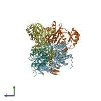 PDB entry 6pfn coloured by chain, side view.