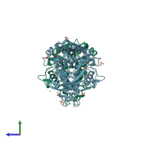 PDB entry 6pux coloured by chain, side view.