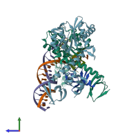 PDB entry 6puz coloured by chain, side view.