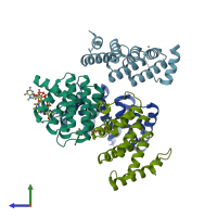 PDB entry 6pw3 coloured by chain, side view.