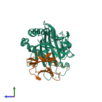PDB entry 6pyl coloured by chain, side view.