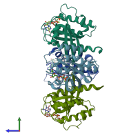 PDB entry 6q21 coloured by chain, side view.