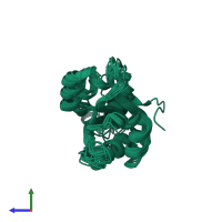 PDB entry 6q2i coloured by chain, ensemble of 10 models, side view.