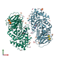 PDB entry 6q6n coloured by chain, front view.