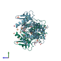PDB entry 6qas coloured by chain, side view.