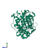 PDB entry 6qaw coloured by chain, side view.