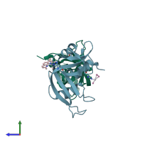 PDB entry 6qe9 coloured by chain, side view.
