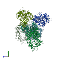 PDB entry 6qga coloured by chain, side view.