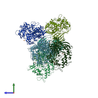 PDB entry 6qgb coloured by chain, side view.