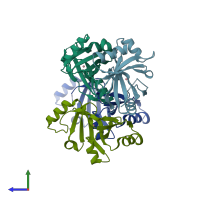 PDB entry 6qh4 coloured by chain, side view.