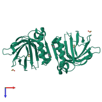 Homo dimeric assembly 1 of PDB entry 6qi6 coloured by chemically distinct molecules, top view.