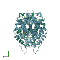 PDB entry 6qla coloured by chain, side view.