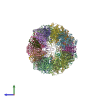 PDB entry 6qm8 coloured by chain, side view.