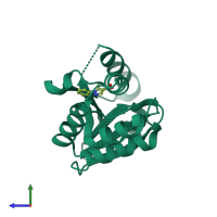 PDB entry 6qmi coloured by chain, side view.