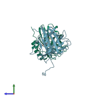 PDB entry 6qmu coloured by chain, side view.