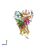 Hetero hexameric assembly 1 of PDB entry 6qno coloured by chemically distinct molecules, side view.