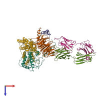 Hetero hexameric assembly 1 of PDB entry 6qno coloured by chemically distinct molecules, top view.