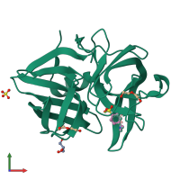 Monomeric assembly 2 of PDB entry 6qoy coloured by chemically distinct molecules and viewed from the front.