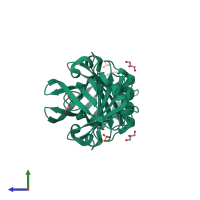 Homo dimeric assembly 1 of PDB entry 6qpd coloured by chemically distinct molecules, side view.