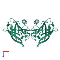 Homo dimeric assembly 1 of PDB entry 6qpd coloured by chemically distinct molecules, top view.
