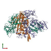 Hetero trimeric assembly 1 of PDB entry 6qpf coloured by chemically distinct molecules, front view.