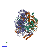 Hetero trimeric assembly 1 of PDB entry 6qpf coloured by chemically distinct molecules, side view.