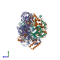 Hetero trimeric assembly 2 of PDB entry 6qpf coloured by chemically distinct molecules, side view.