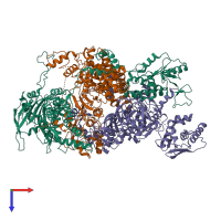 Hetero trimeric assembly 2 of PDB entry 6qpf coloured by chemically distinct molecules, top view.