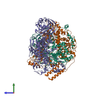 Hetero trimeric assembly 3 of PDB entry 6qpf coloured by chemically distinct molecules, side view.