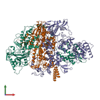 Hetero trimeric assembly 4 of PDB entry 6qpf coloured by chemically distinct molecules, front view.