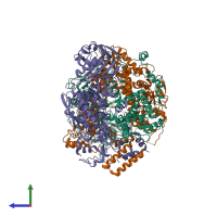 Hetero trimeric assembly 4 of PDB entry 6qpf coloured by chemically distinct molecules, side view.
