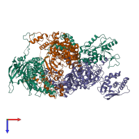 Hetero trimeric assembly 4 of PDB entry 6qpf coloured by chemically distinct molecules, top view.