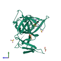 Monomeric assembly 1 of PDB entry 6qpl coloured by chemically distinct molecules, side view.