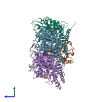 PDB entry 6qus coloured by chain, side view.