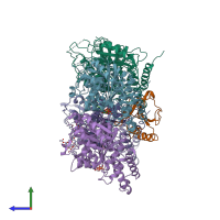 PDB entry 6quy coloured by chain, side view.