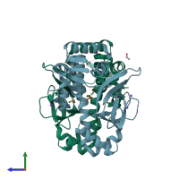 PDB entry 6qw1 coloured by chain, side view.
