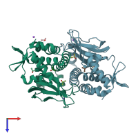 PDB entry 6qw1 coloured by chain, top view.
