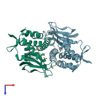 PDB entry 6qw2 coloured by chain, top view.