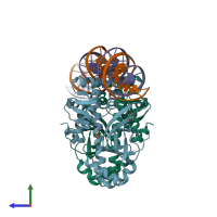 PDB entry 6qwm coloured by chain, side view.