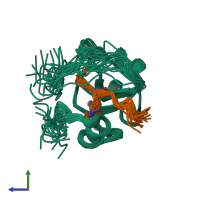 PDB entry 6qxz coloured by chain, ensemble of 20 models, side view.