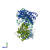 PDB entry 6r5f coloured by chain, side view.