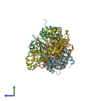 PDB entry 6r7p coloured by chain, side view.